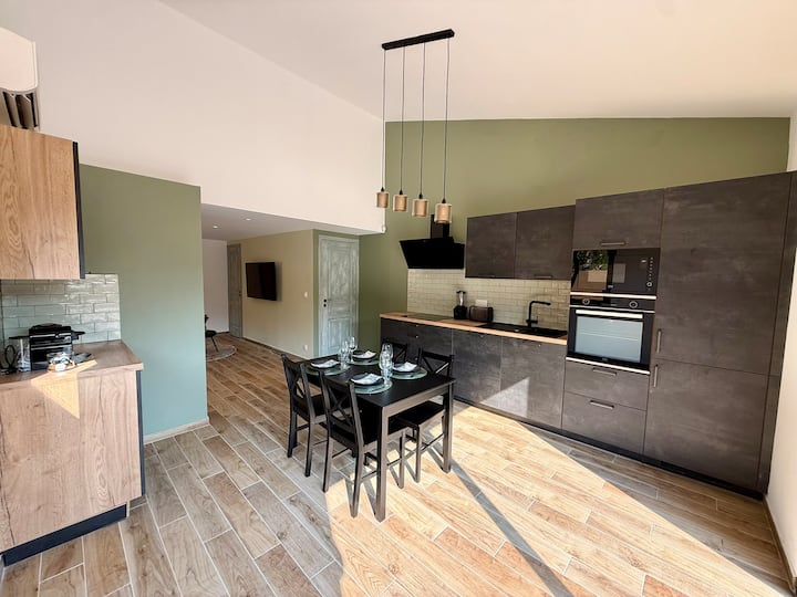 Séjour avec cuisine gastronomique équipée et hauteur sous plafond — Villa Tamaricciu