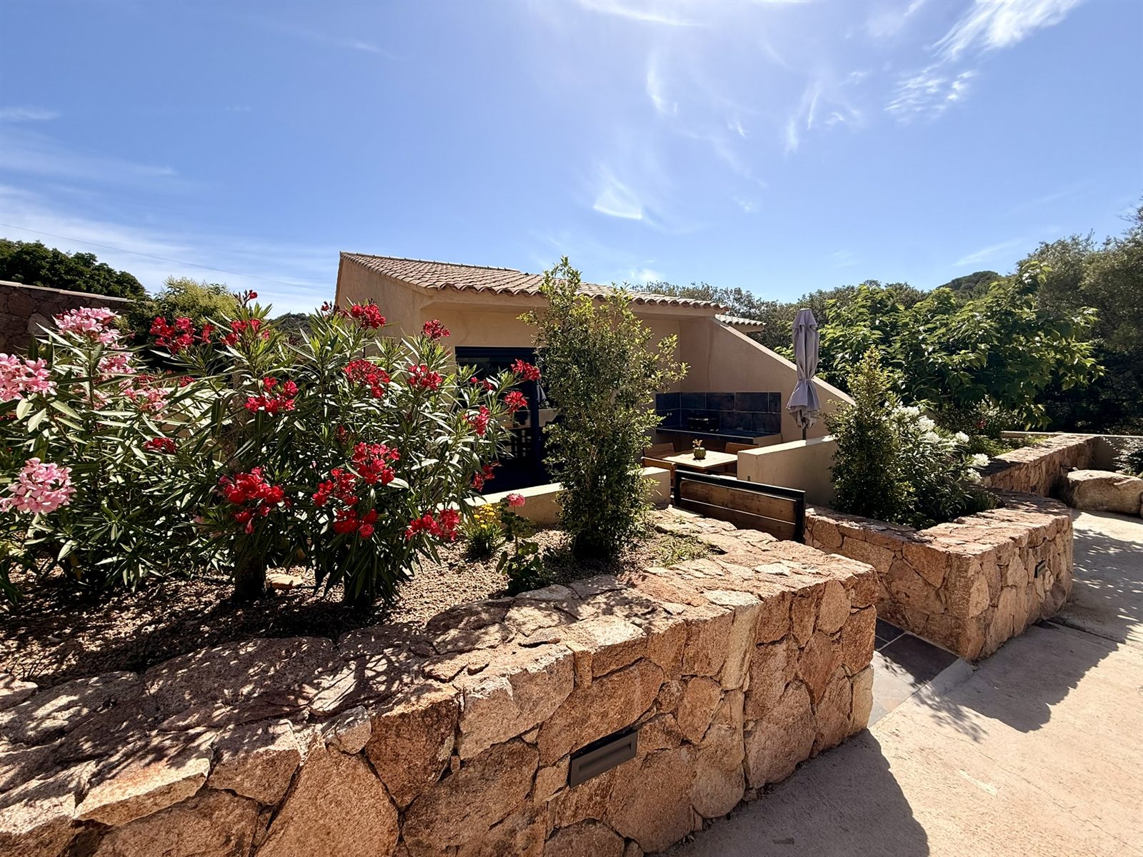 Façade de la villa et murets en pierres sèches, lauriers-roses — Villa Tamaricciu